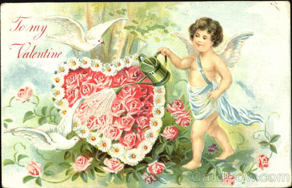 Two White Doves and Cupid Watering Roses