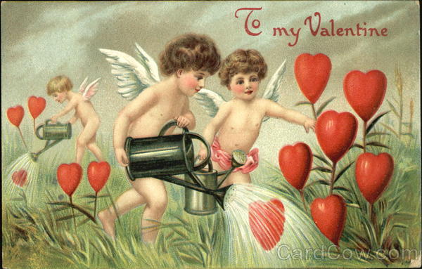Three cupids watering a garden of hearts