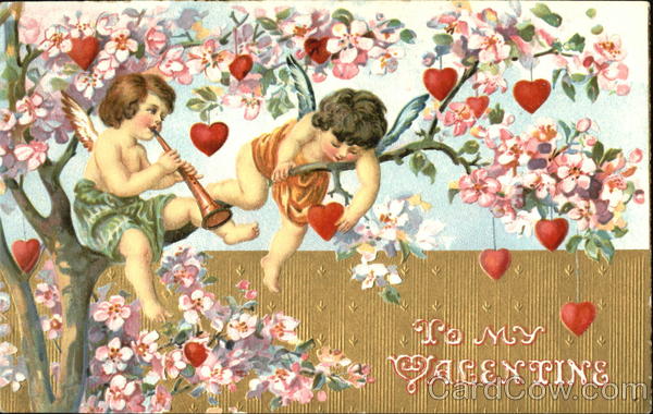 Cupid picking hearts off a tree