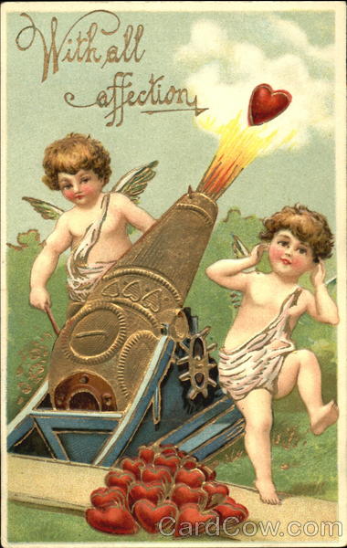 Two cupids shooting a cannon with hearts