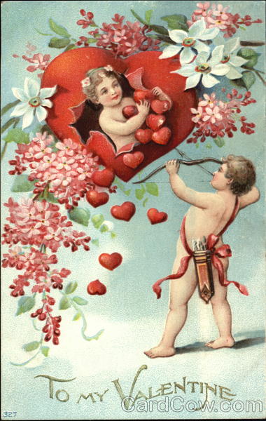 Cupid aiming arrow at girl popping out from a heart