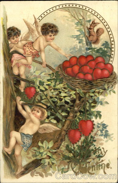 Three cupids picking hearts from a tree