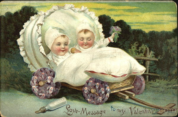 Two babies in flower wheeled wagon Children
