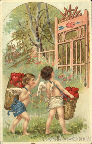 Two cupids carring baskets of hearts up to a gate