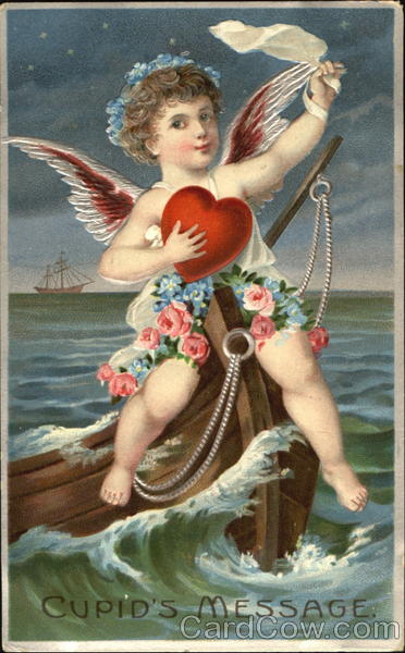 Cupid holding heart on boat