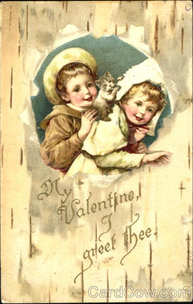 Children, kitten in birch bark frame