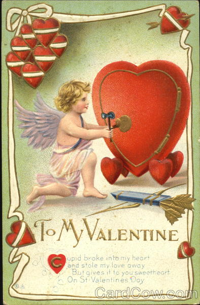 A cupid opening a heart shaped safe