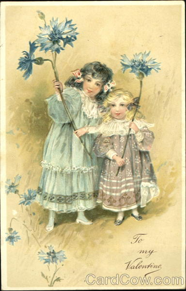 Two small girls holding blue flowers Children