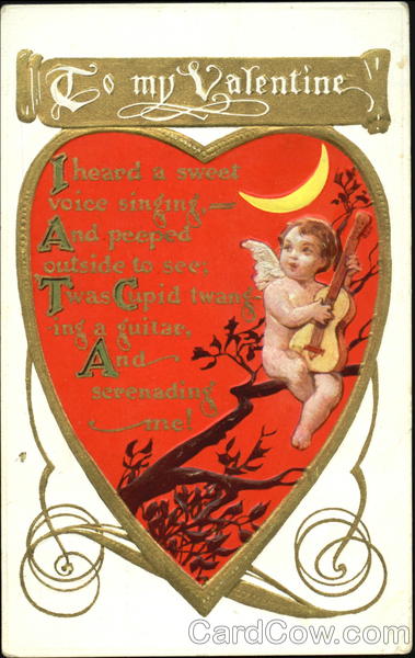 Cupid playing guitar under moon