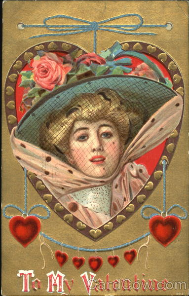 Woman's head in a veil and hat framed by a hearts