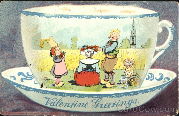 Tea cup and saucer, 2 children, boy fixing hat on woman