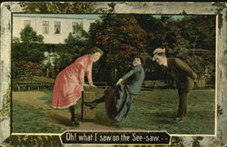 Man looking angry at boy and girl on a see-saw Postcard