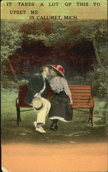 Couple Kissing on Park Bench Postcard