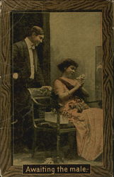 Woman on Bench Awaits Man Couples Postcard Postcard