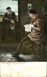 Man at Door Watching Woman Sewing Couples Postcard Postcard