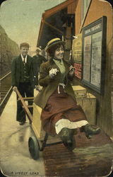 Man Pushing Woman on Trunk Postcard