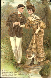 Man helping woman over a stream Postcard