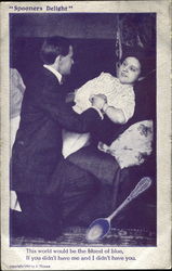 Woman in bed while man on his knee hugs her Postcard