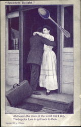 Husband Embracing Wife as Returns Home from Business Trip Postcard