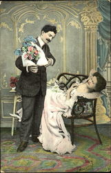 Gentleman Presenting Flowers to Reclining Woman Postcard
