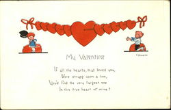 A boy reaching for a girl under a string of hearts Postcard