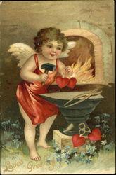 Cupid Chaining Hearts Together Postcard Postcard