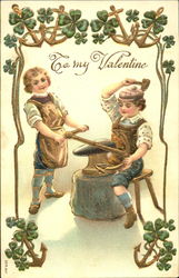 To blacksmith children working an arrow on an anvil Postcard