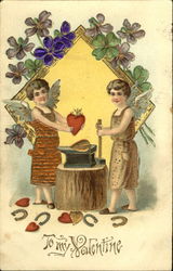 Two Cupids Forging Hearts Postcard