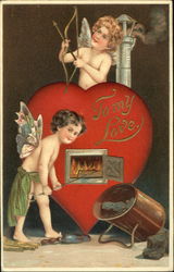 Cupids Tending a Fire in a Heart Postcard