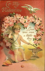 Cupid , two doves with flowers in a hear around him Postcard