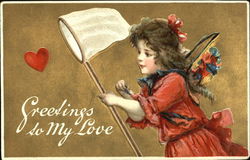 Girl catching heart-shaped butterflies Postcard