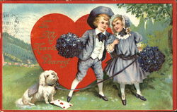 Boy and Girl in Purple With a Dog Postcard