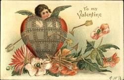 Armor-clad heart and cupid Postcard