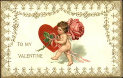 Cupid Holding a Large Pink Rose Postcard