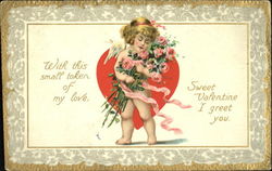 Cupid holding a bouquet of pink roses Postcard