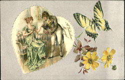 Man bowing holding a womans hand. Flowers and butterfly Man bowing holding a womans hand. Flowers and butterfly