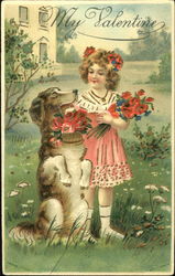 Sweet GIrl with her Dog and Flower Postcard Postcard