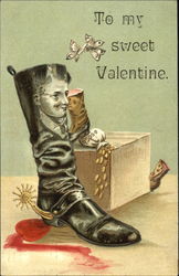 Black faced cowboy boot smashes a heart while a girl boot watches Black faced cowboy boot smashes a heart while a girl boot watches