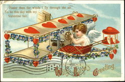 Cupid in heart-bedecked biplane Postcard