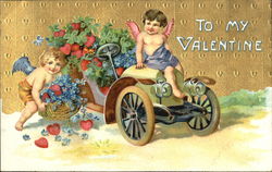 cupid sitting on a car filled with flowers, a cupid picking up flowers Postcard