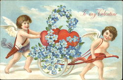 Two Cupids and a Flowered Cart Postcard