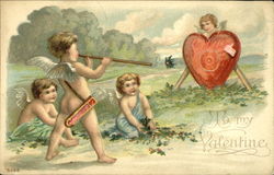 4 Cupids practice with a blowpipe at a heart target Postcard