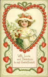 Young girl with bouquet of flowers inside a heart-shaped frame Postcard