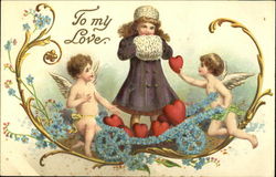 Two Cupids and A Pretty Girl in Purple Postcard