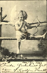 Little Cupid Sitting on a Fence With His Bow and Arrow Postcard