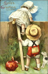 Children running away, climbing fence Postcard