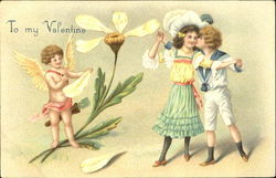 Boy kissing a girl, with cupid watchng Postcard