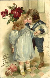 Little Girl and Boy Kissing Postcard