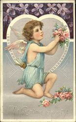 Cupid holding roses in a heart Postcard