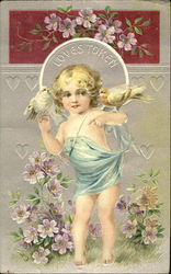 Child in blue with two bird on her shoulders Postcard